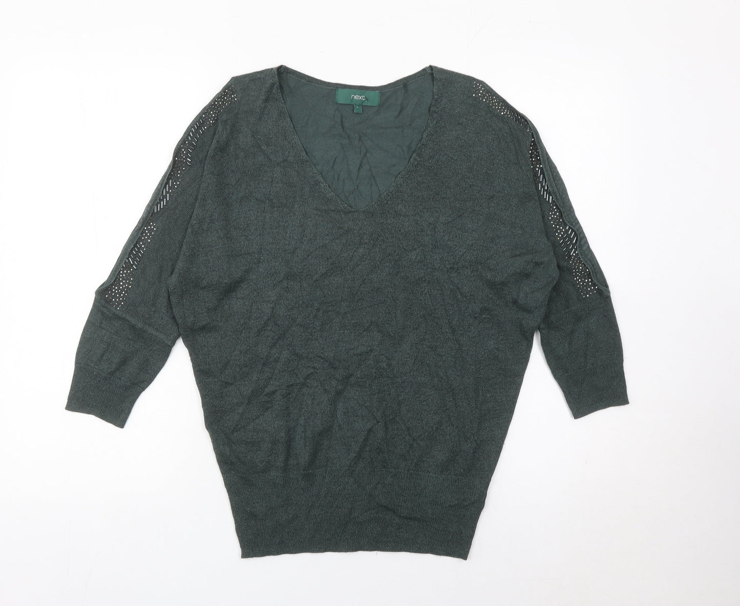 Next Womens Green Jumper Size 12 V-Neck Pullover Studded Knit