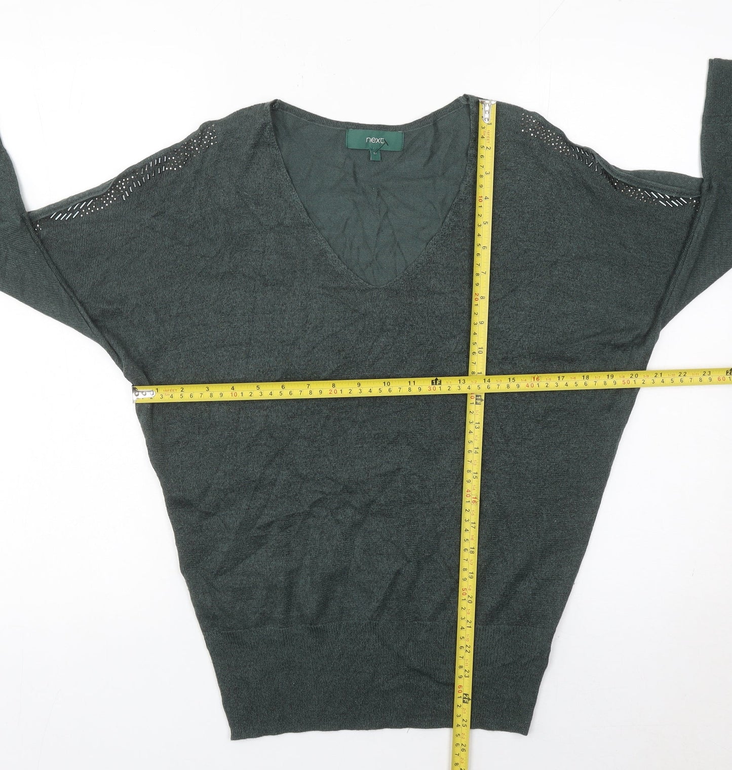 Next Womens Green Jumper Size 12 V-Neck Pullover Studded Knit