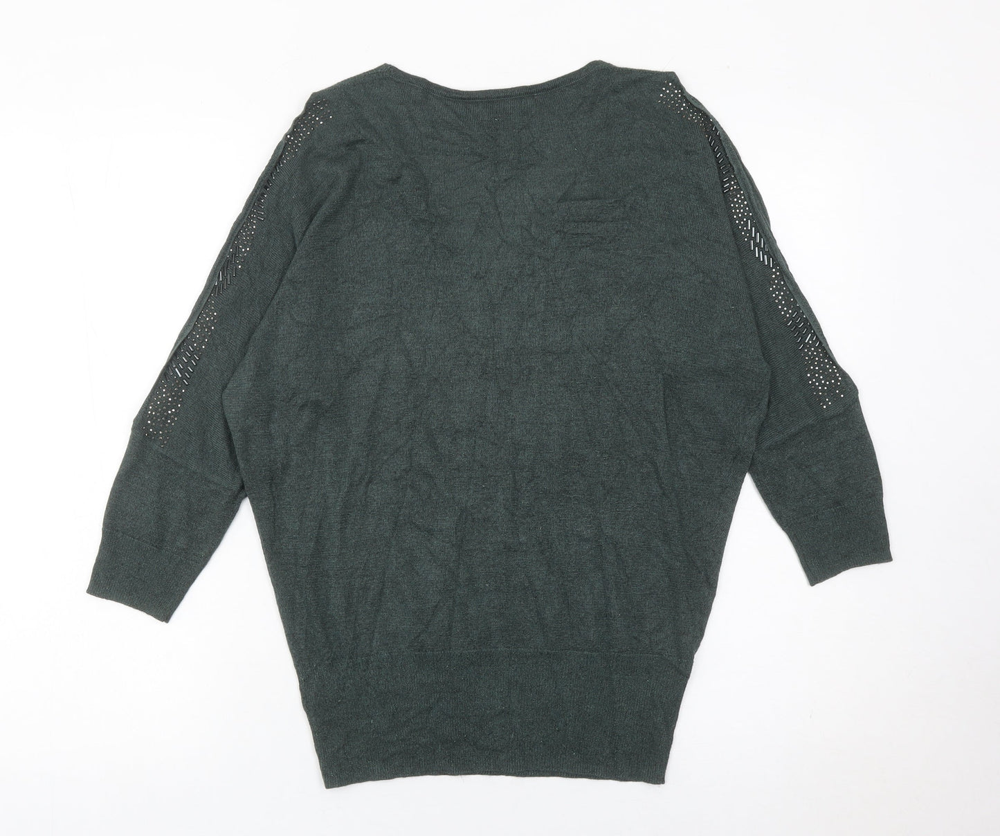 Next Womens Green Jumper Size 12 V-Neck Pullover Studded Knit