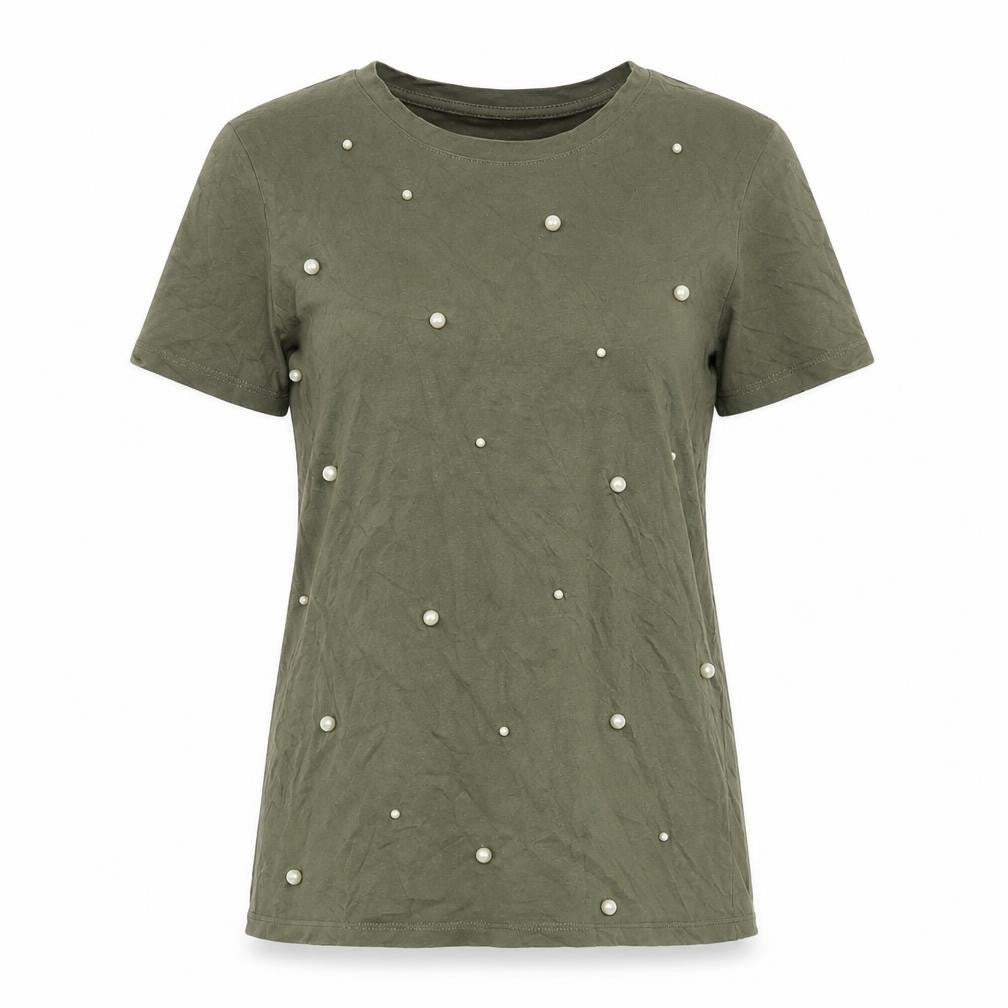 New Look Womens Green Size 10 Beaded Short Sleeve Cotton T-Shirt
