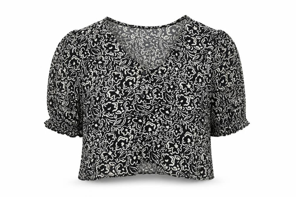 New Look Women’s Black Floral Viscose Cropped Blouse UK 16
