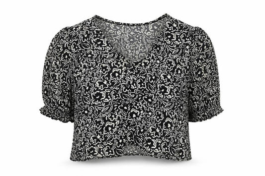 New Look Women’s Black Floral Viscose Cropped Blouse UK 16
