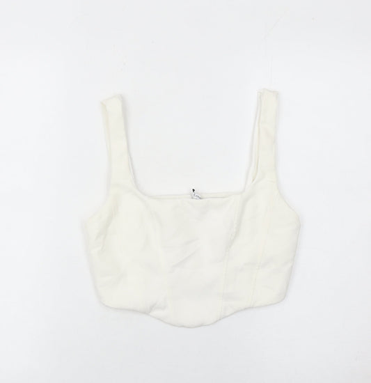 Stradivarius Women White Slim Fit Square Neck Zip Camisole Tank Top Size 12