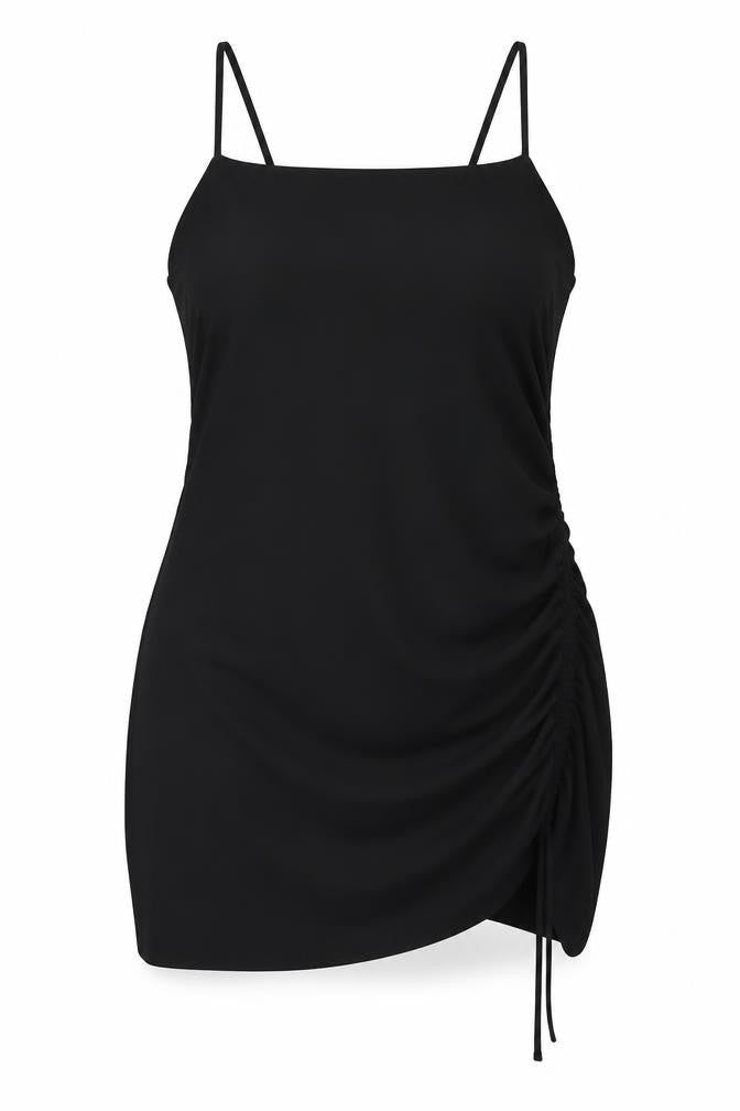 Zara Women Black Slip Mini Dress Size 14 Ruched Strappy Evening
