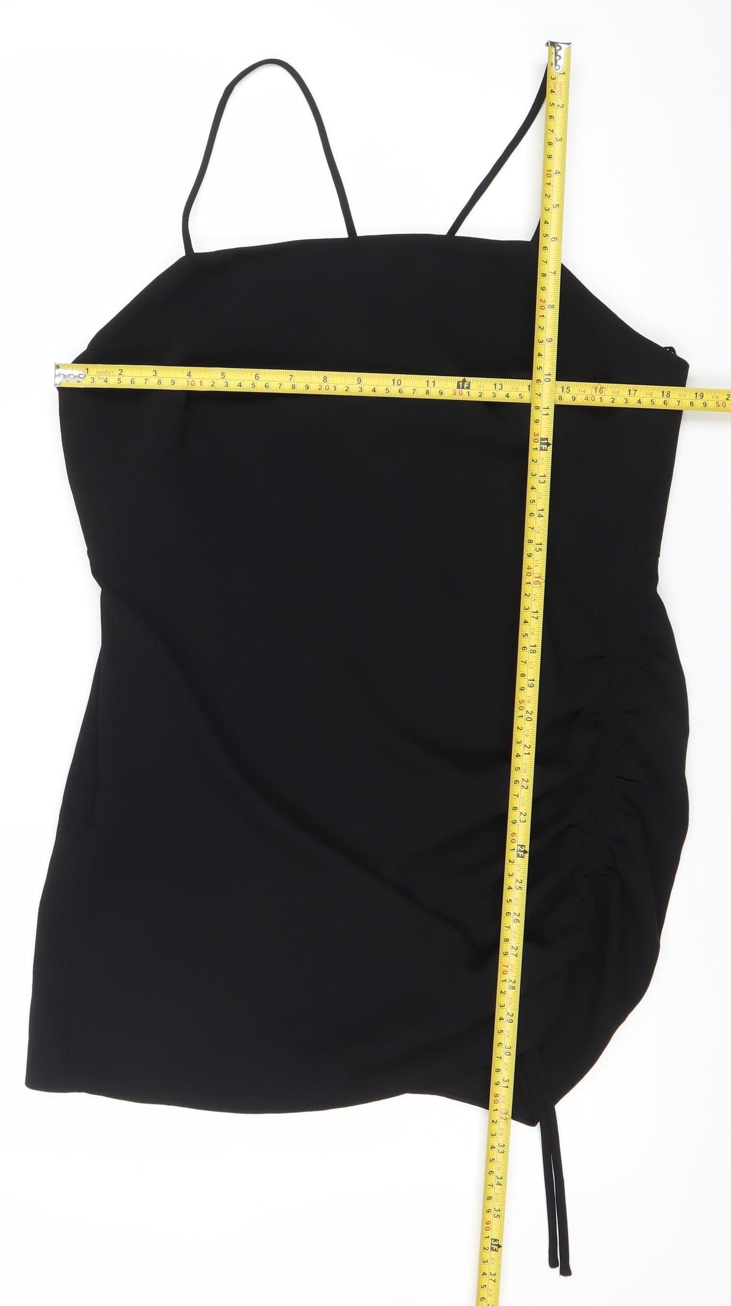 Zara Women Black Slip Mini Dress Size 14 Ruched Strappy Evening