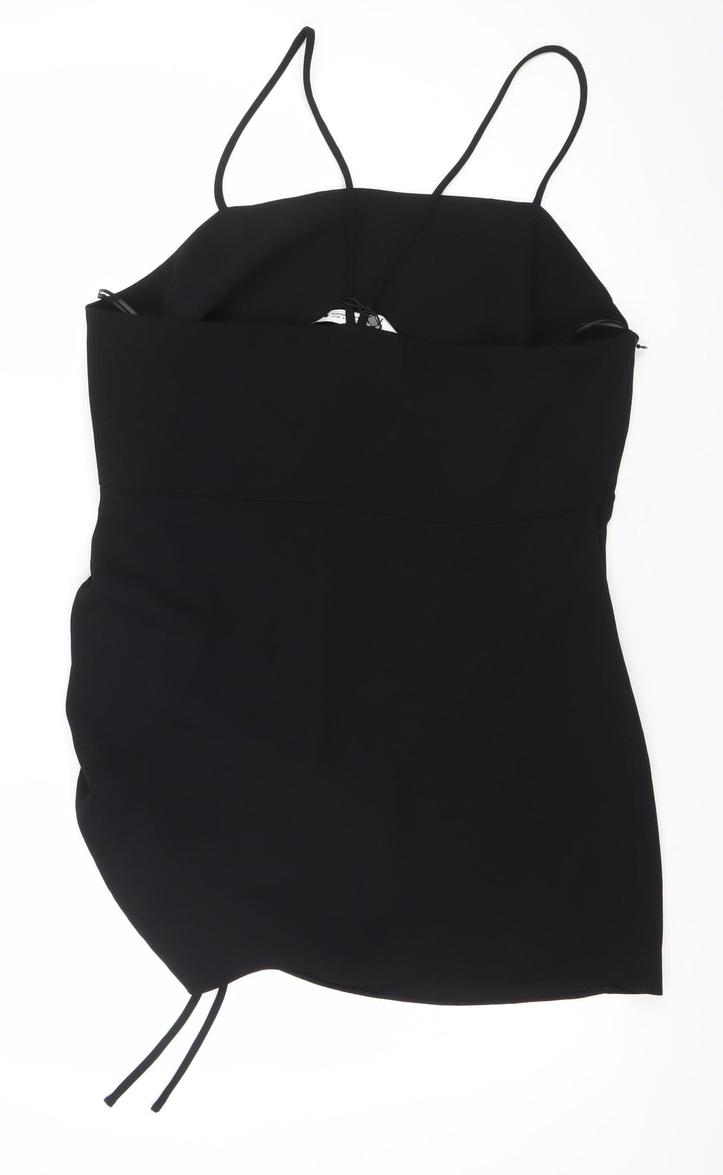Zara Women Black Slip Mini Dress Size 14 Ruched Strappy Evening