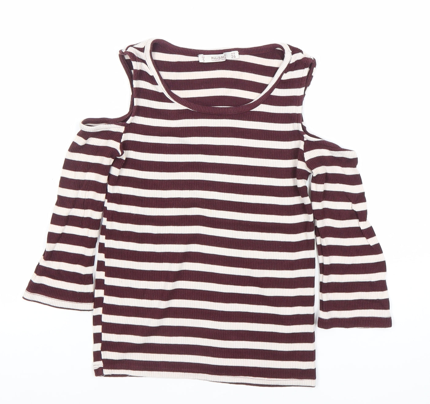 Pull&Bear Women’s Brown Striped Cold Shoulder T-Shirt Size 8