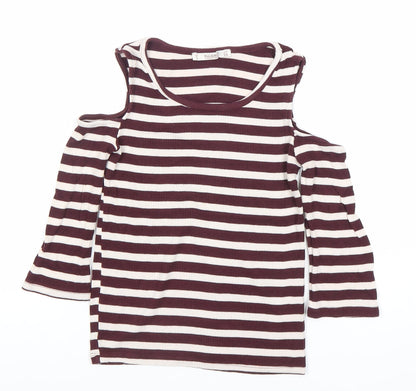 Pull&Bear Women’s Brown Striped Cold Shoulder T-Shirt Size 8
