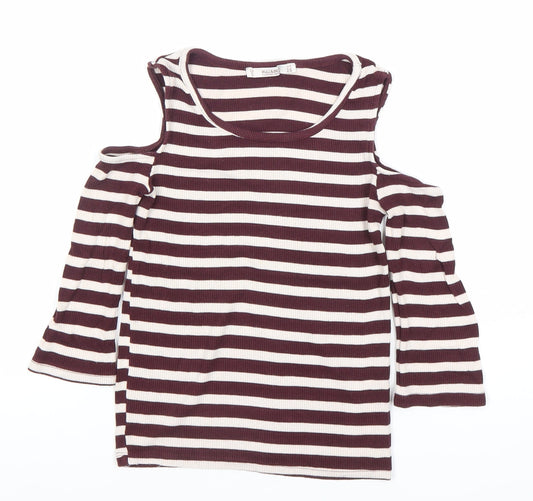 Pull&Bear Women’s Brown Striped Cold Shoulder T-Shirt Size 8
