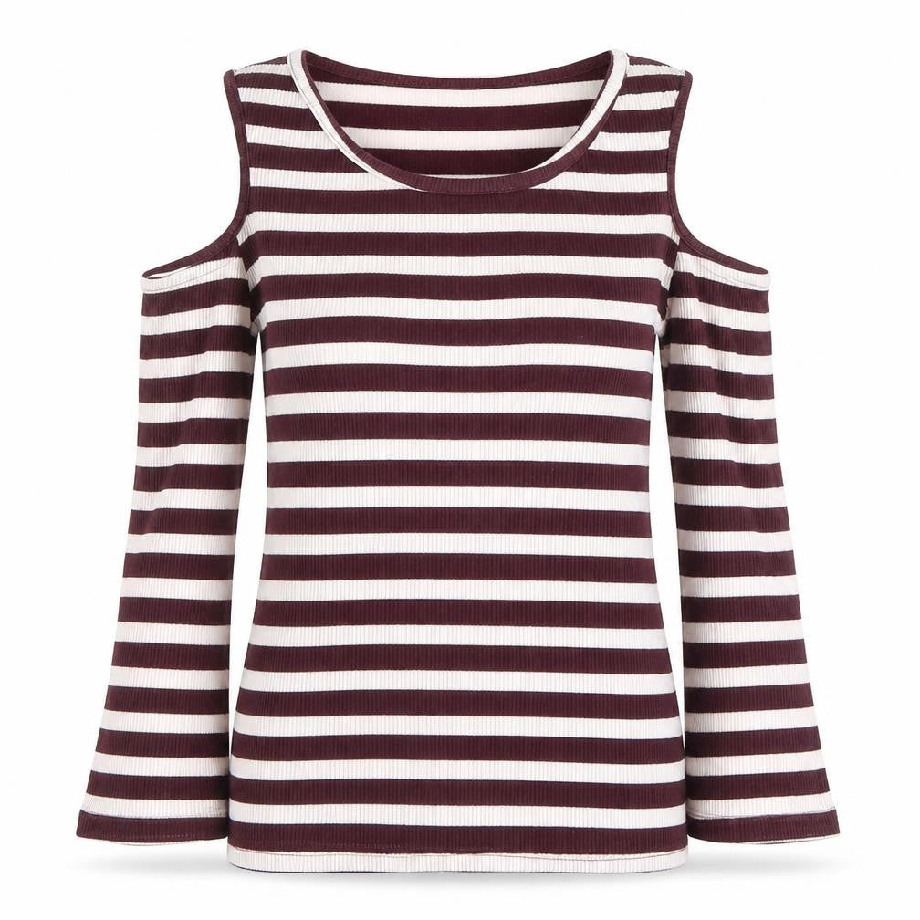 Pull&Bear Women’s Brown Striped Cold Shoulder T-Shirt Size 8