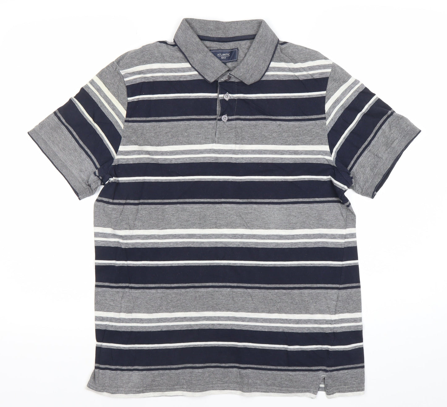 Atlantic Bay Men’s Grey Blue Striped Polo Shirt M Cotton Blend