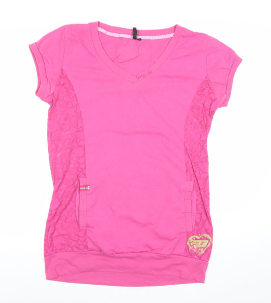 Goldigga Womens Pink V-Neck T-Shirt Size 12 Short Sleeve Lace Detail