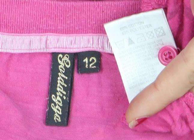 Goldigga Womens Pink V-Neck T-Shirt Size 12 Short Sleeve Lace Detail