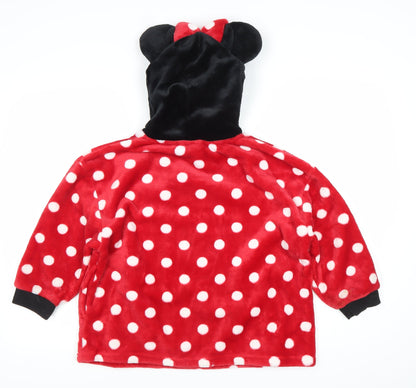 Close-up detail of Disney girls’ minnie mouse red polka dot fleece hoodie 4-5y