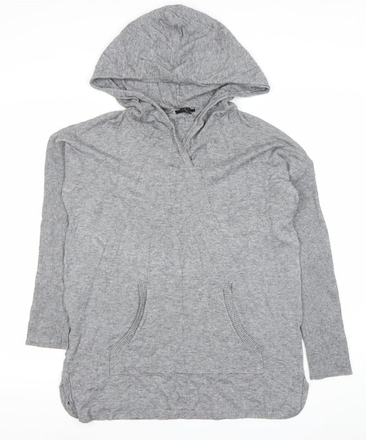 Cyrus Women’s Grey Knit Hooded Tunic Jumper Size M V-Neck Pockets