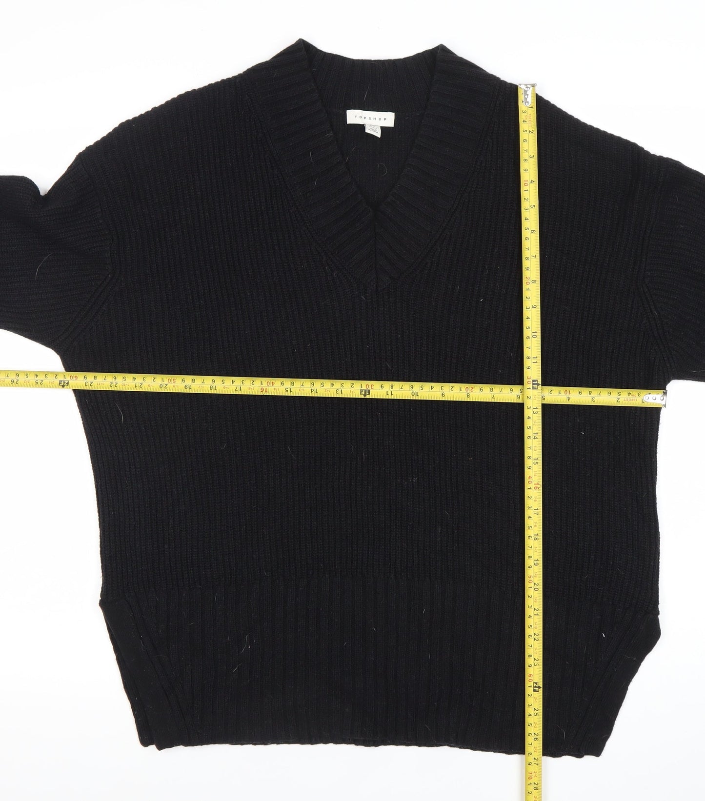 Topshop Women Black S V-Neck Chunky Knit Pullover Jumper
