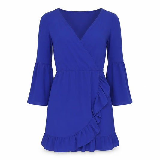 Miss Selfridge Womens Blue Wrap Dress Size 12 Ruffle Bell Sleeve