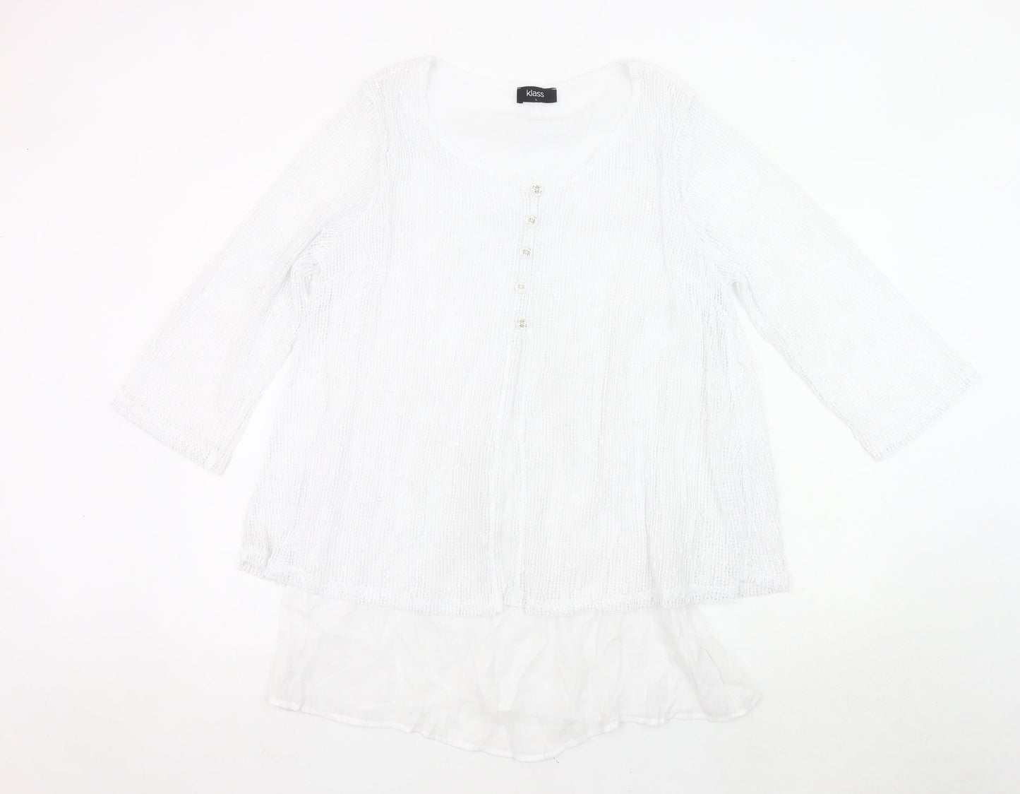 Klass Womens White Tunic Blouse L 3/4 Sleeve Lightweight Knit