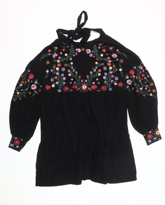 ASOS Women Black Floral Embroidered Shift Dress Size 10 Halter Neck