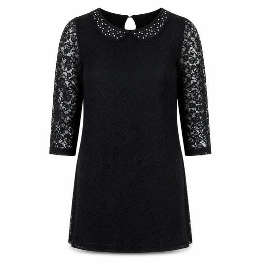 F&F Women Black Shift Lace Dress Size 12 Beaded Collar Partywear