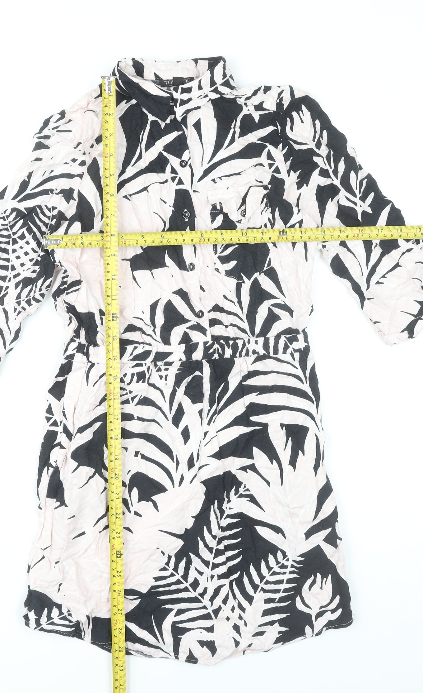 Topshop Women’s Black White Tropical Print Shirt Dress Size 8