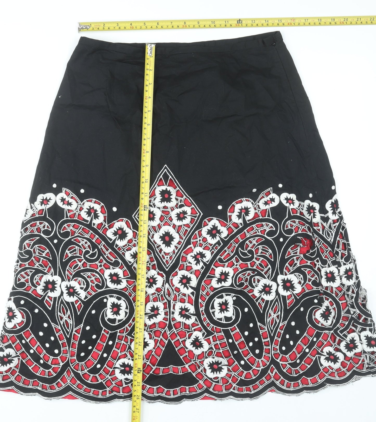 East Womens Black Cotton Floral Embroidered A-Line Skirt Size 14