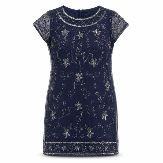 Boohoo Womens Blue Size 12 Beaded Sequin Floral Short Sheath Dress