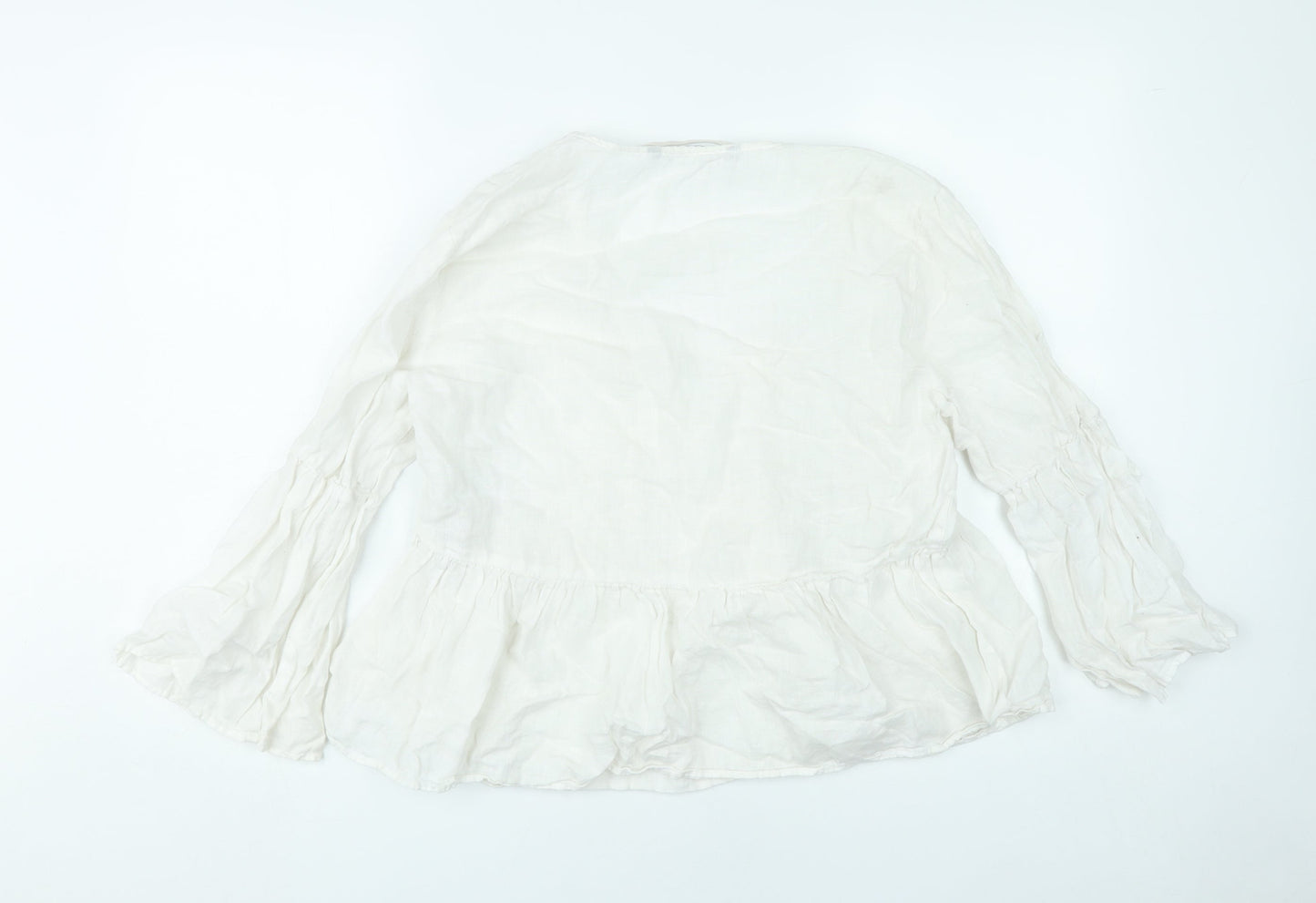 Zara Women White Linen Blouse XL 3/4 Flared Sleeve V-Neck