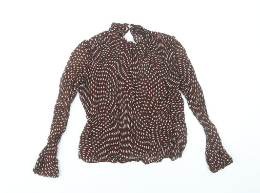 Zara Women Brown Geometric High Neck Viscose Blouse Size 8