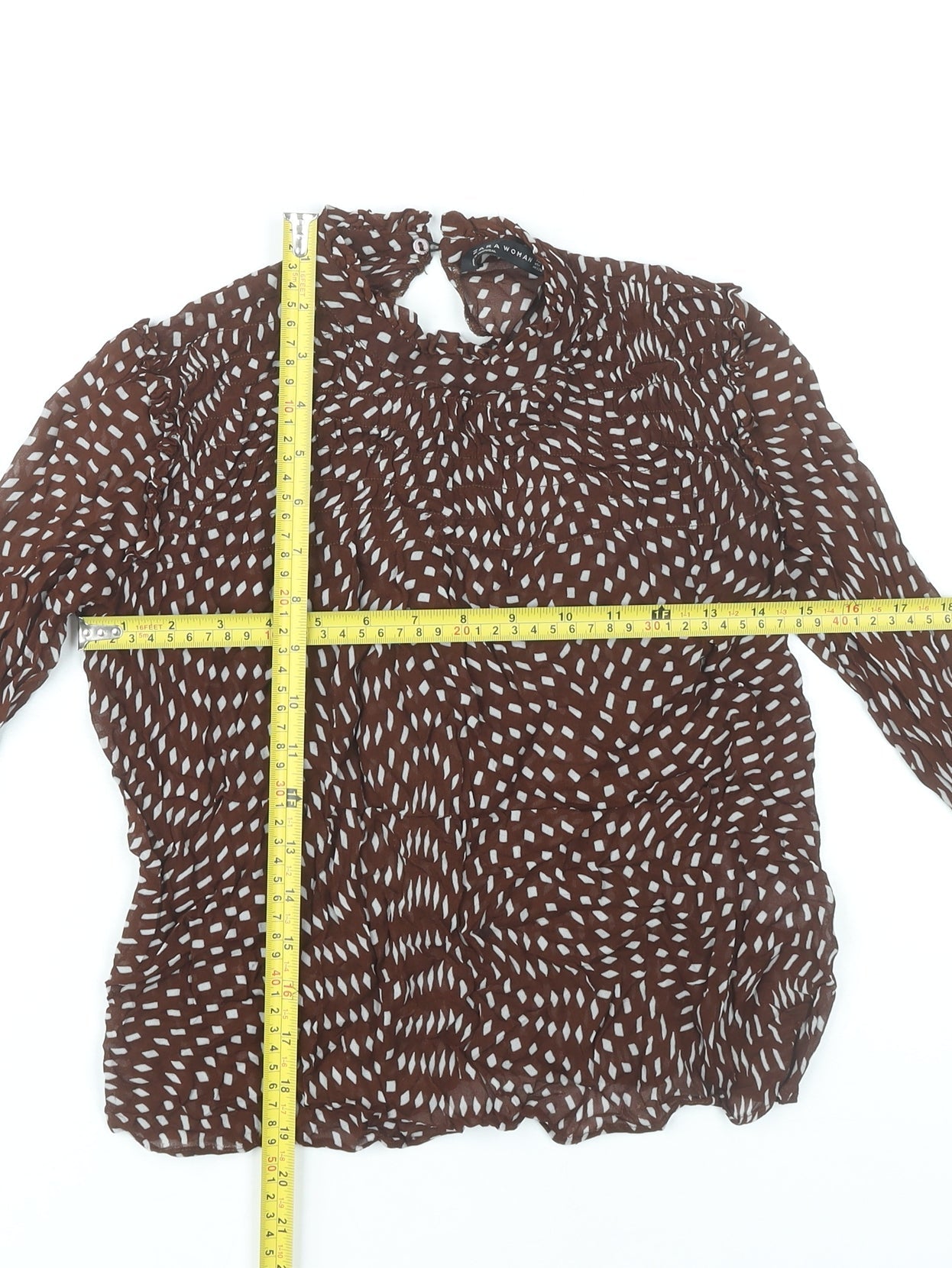 Zara Women Brown Geometric High Neck Viscose Blouse Size 8
