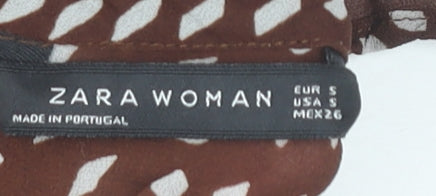 Zara Women Brown Geometric High Neck Viscose Blouse Size 8