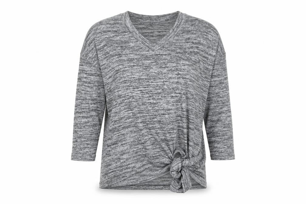 River Island Women’s Grey V-Neck Tunic Top Size S 3/4 Sleeve Knot Detail