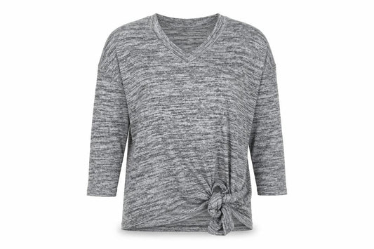 River Island Women’s Grey V-Neck Tunic Top Size S 3/4 Sleeve Knot Detail