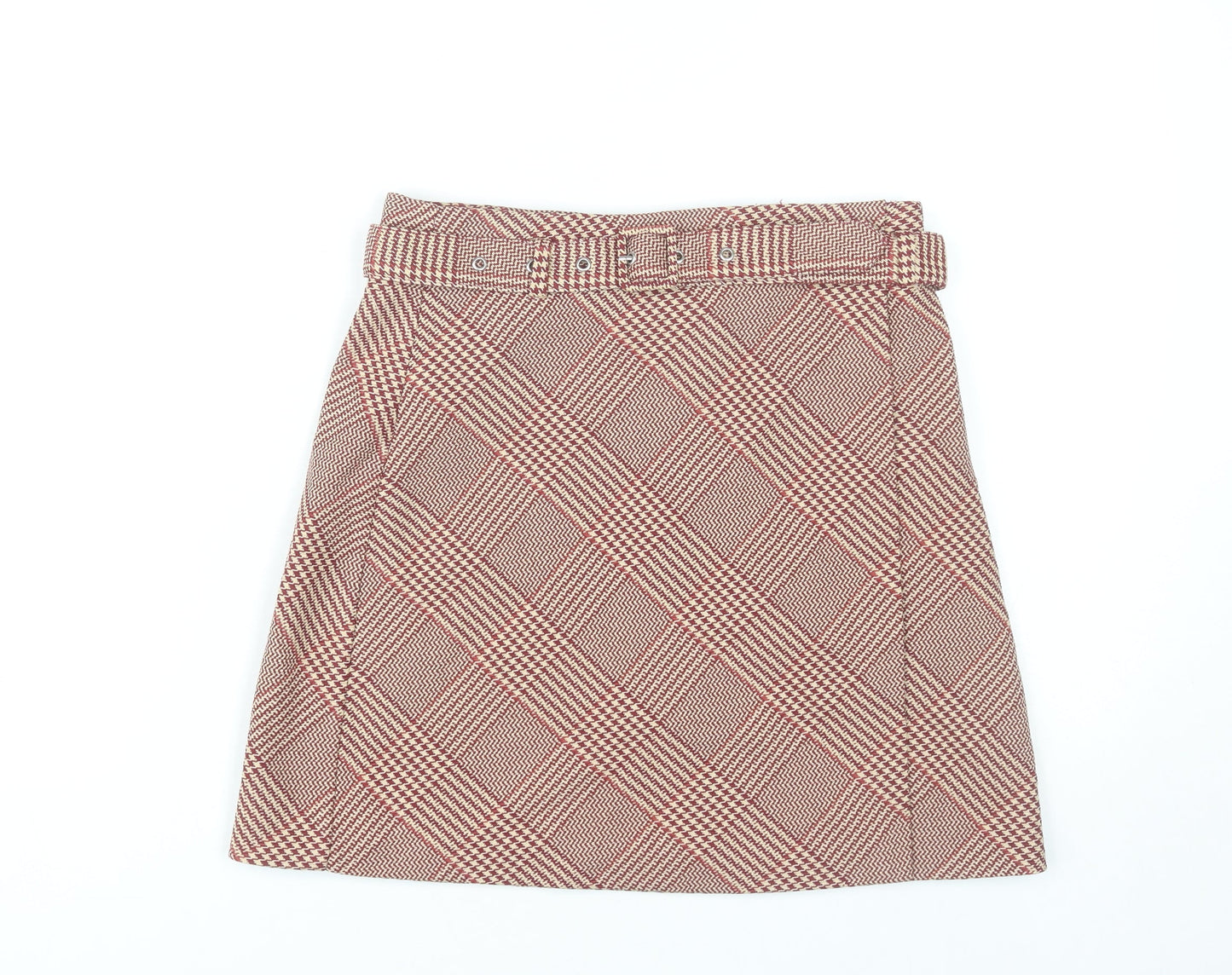 H&M Women’s Red Check A-Line Tweed Skirt UK 8 Knee Length