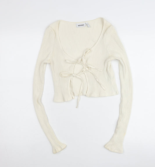 Weekday Womens Ivory Ribbed Cropped Tie Blouse Small