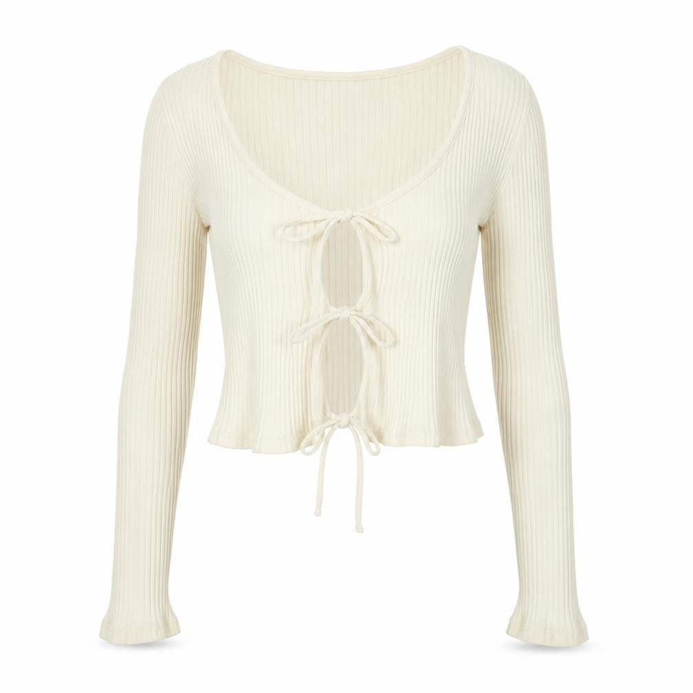 Weekday Womens Ivory Ribbed Cropped Tie Blouse Small