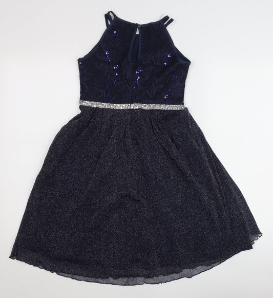 iEFiEL Teens Blue Sequin Fit & Flare Halter Cocktail Dress Size 10