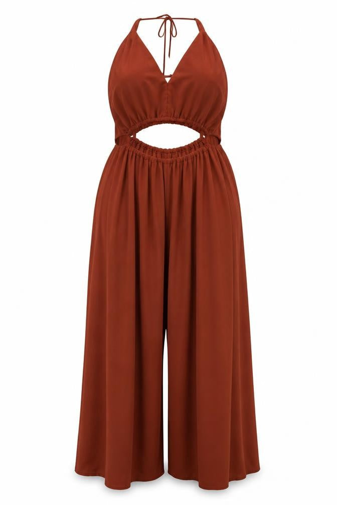 Cider Women Brown XL Sleeveless Wide-Leg Halter Jumpsuit