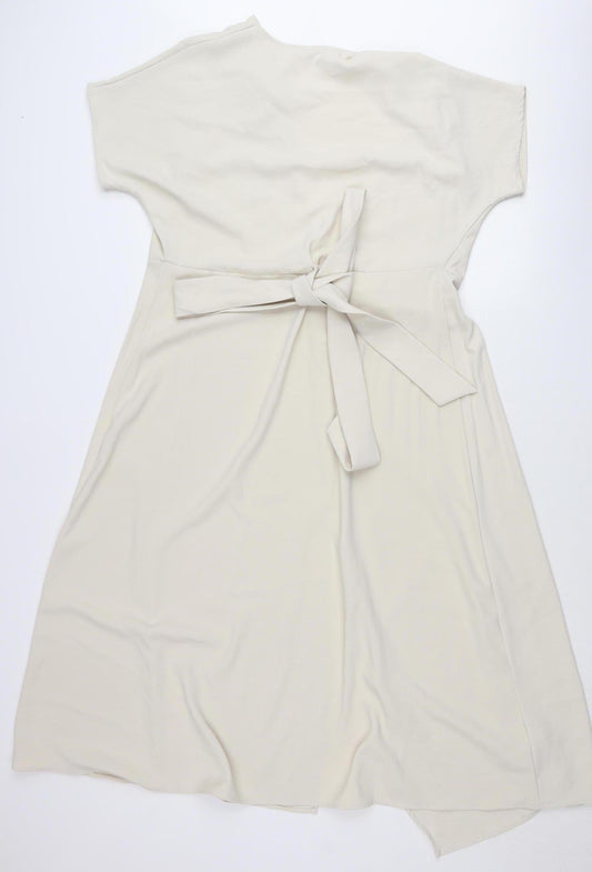 MNG Women’s Beige XS Wrap Midi Dress Short Sleeve V-Neck