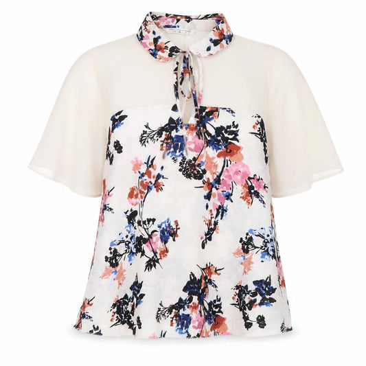 Front view of Miss Selfridge women’s multicoloured floral tunic blouse, size UK 10