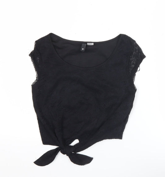 H&M Divided Women's Black Lace Crop Blouse Size 4 Sleeveless Tie Front