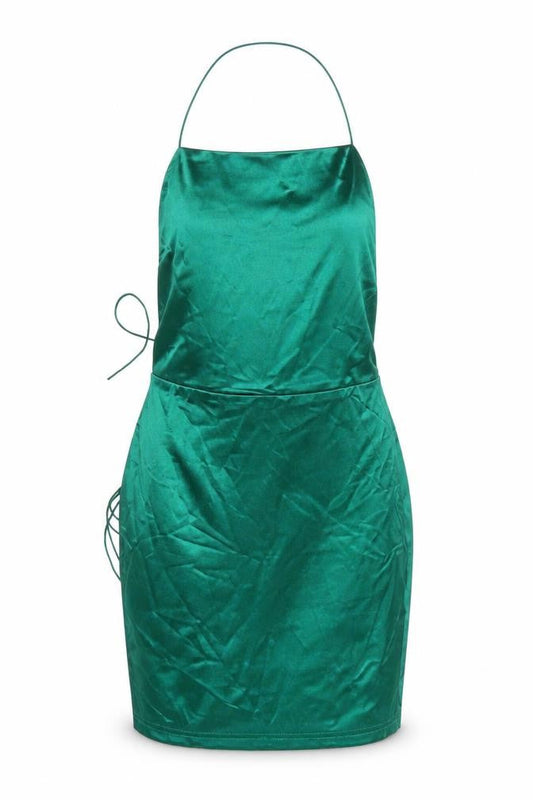 PRETTYLITTLETHING Women Green Size 12 Satin Slip Halter Mini Dress