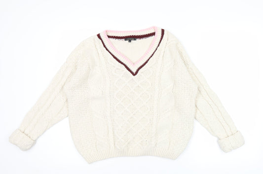 River Island Women’s Ivory V-Neck Cable-Knit Jumper Size 6