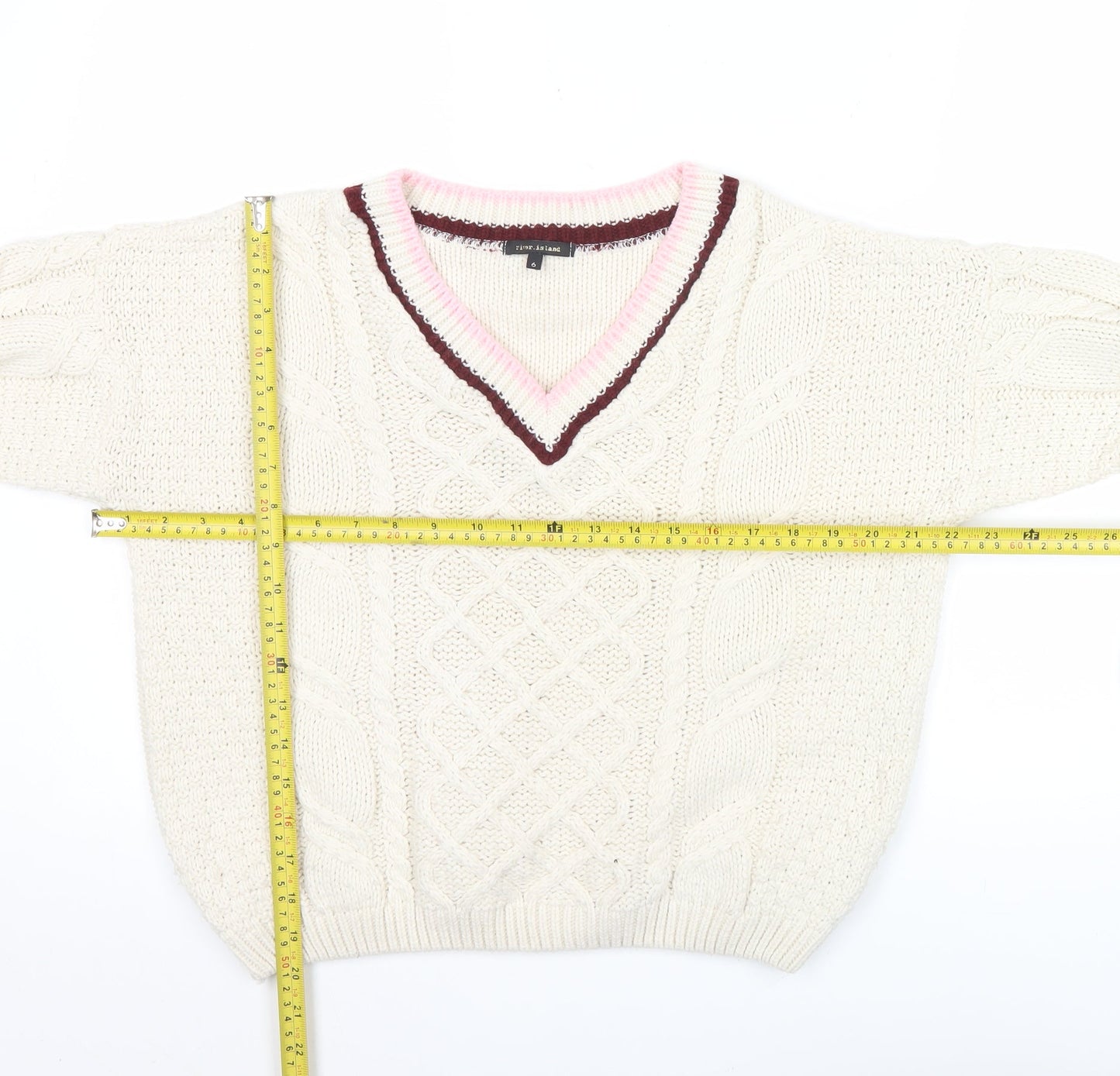 River Island Women’s Ivory V-Neck Cable-Knit Jumper Size 6