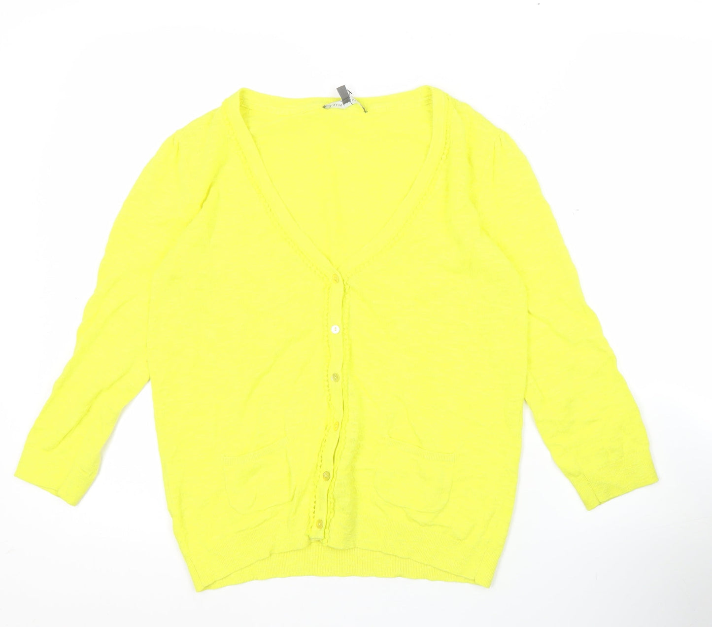 Laura Ashley Womens Yellow Cardigan UK 8 V-Neck Linen Cotton 3/4 Sleeve