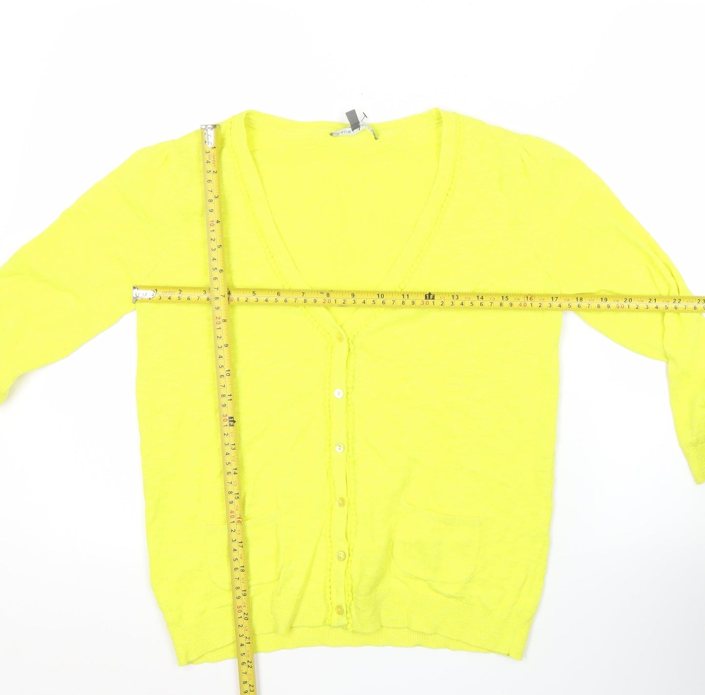 Laura Ashley Womens Yellow Cardigan UK 8 V-Neck Linen Cotton 3/4 Sleeve