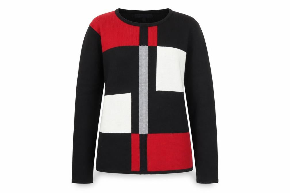 Autonomy Womens Black Red White Geometric Pullover Jumper Size S