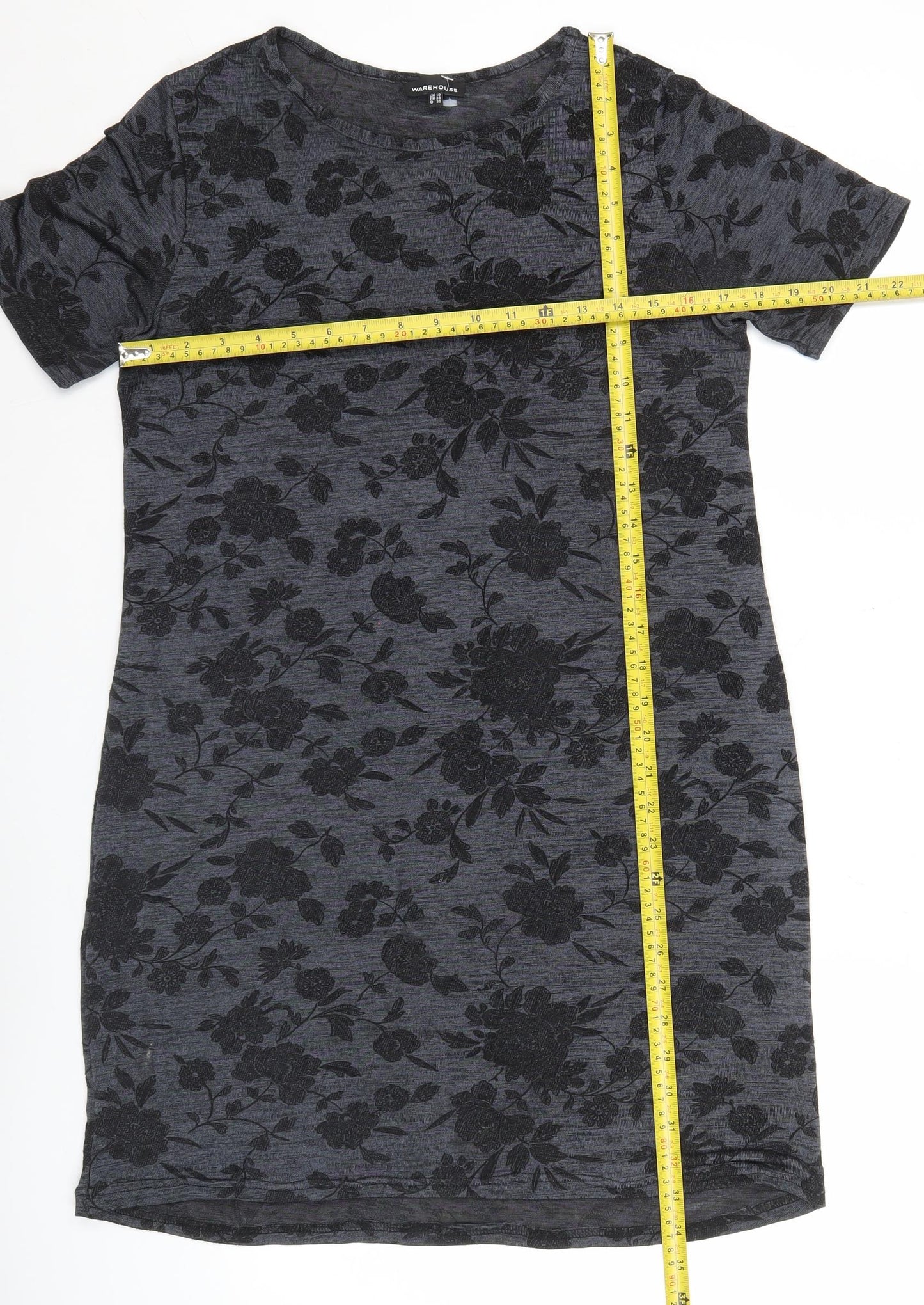 Warehouse Women’s Grey Floral Shift Dress Size 10 Short Sleeve