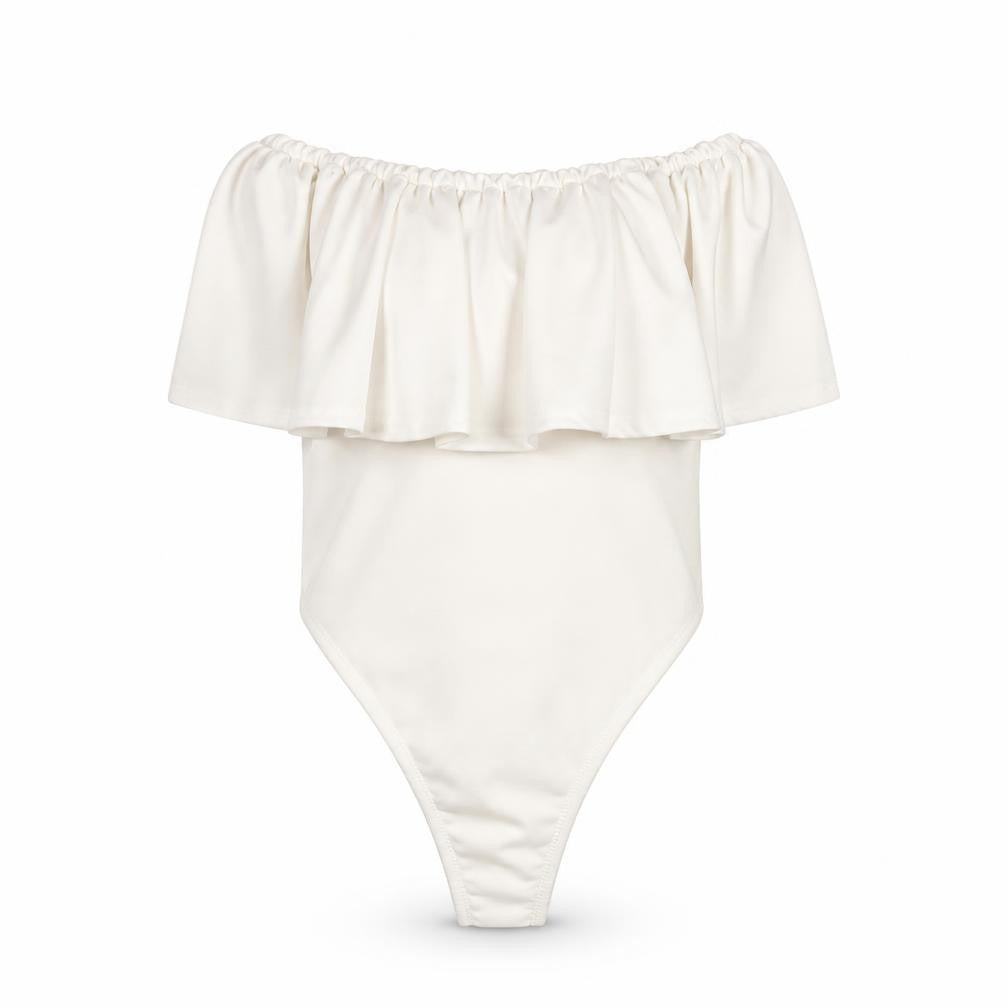 PRETTYLITTLETHING Women White Size 8 Off Shoulder Ruffle Bodysuit Blouse