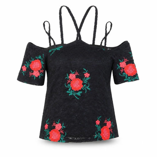 River Island Women’s Black Floral Lace Cold Shoulder Blouse Size 10